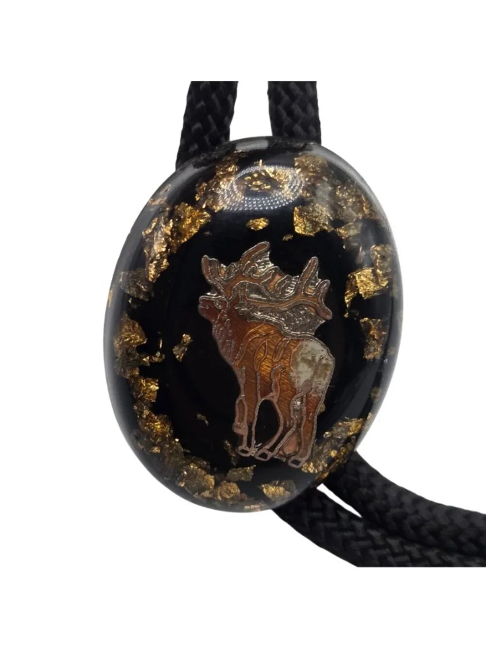 Vintage Elk Bolo Tie Cowboy Western Wear Black Gold Flakes Necktie Necklace